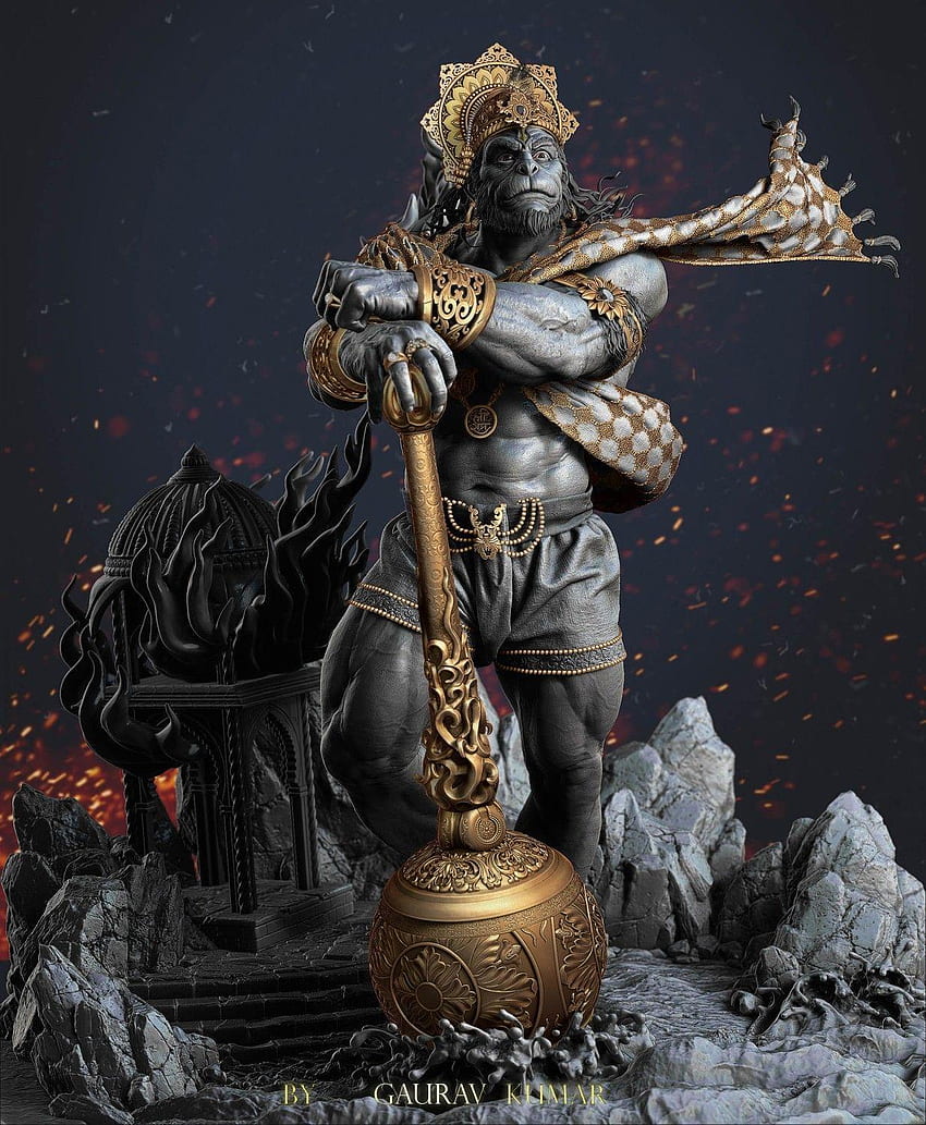 Hanuman lifting Sanjeevani mountain, digital art