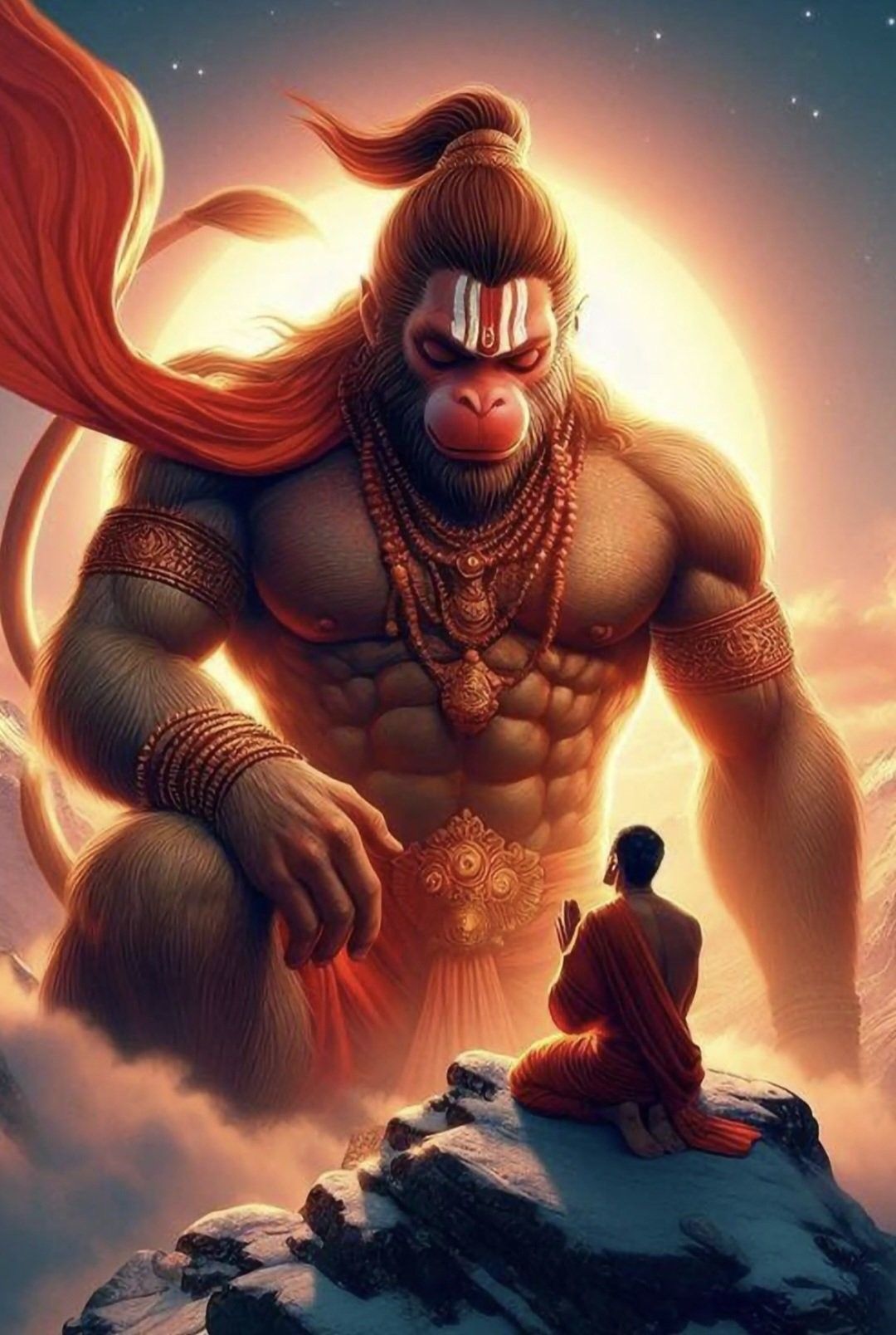 Hanuman ascends with a devotee below.