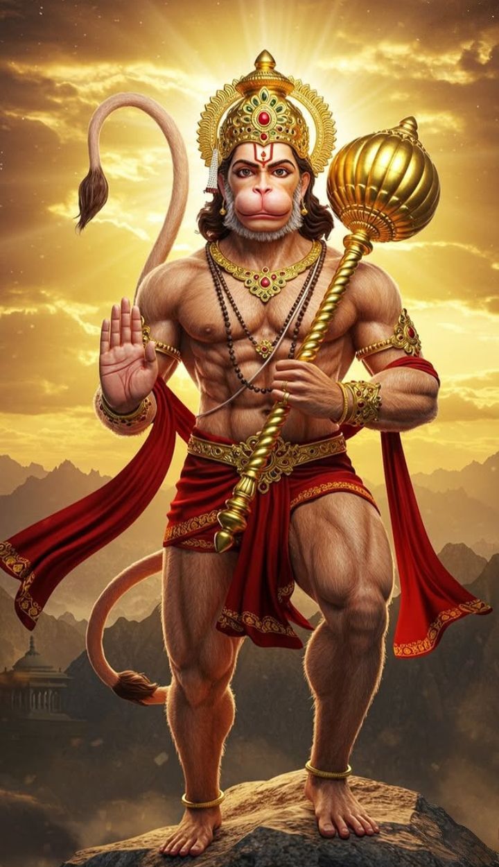 Powerful Hanuman holding a golden mace