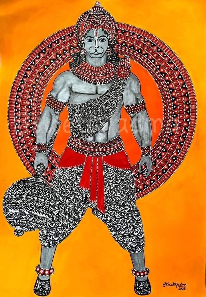 Powerful Hanuman portrait, traditional art style