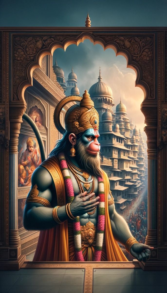 Hanuman stands with a serene expression.