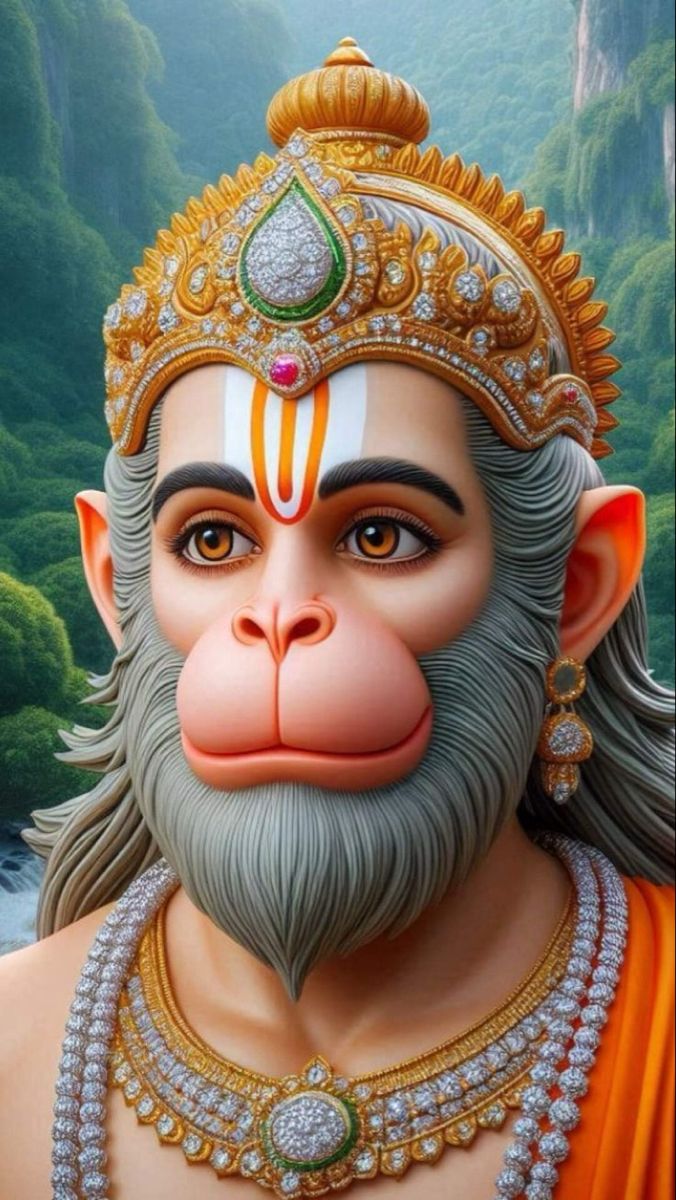 Hanumanji’s majestic face, divine adornments.