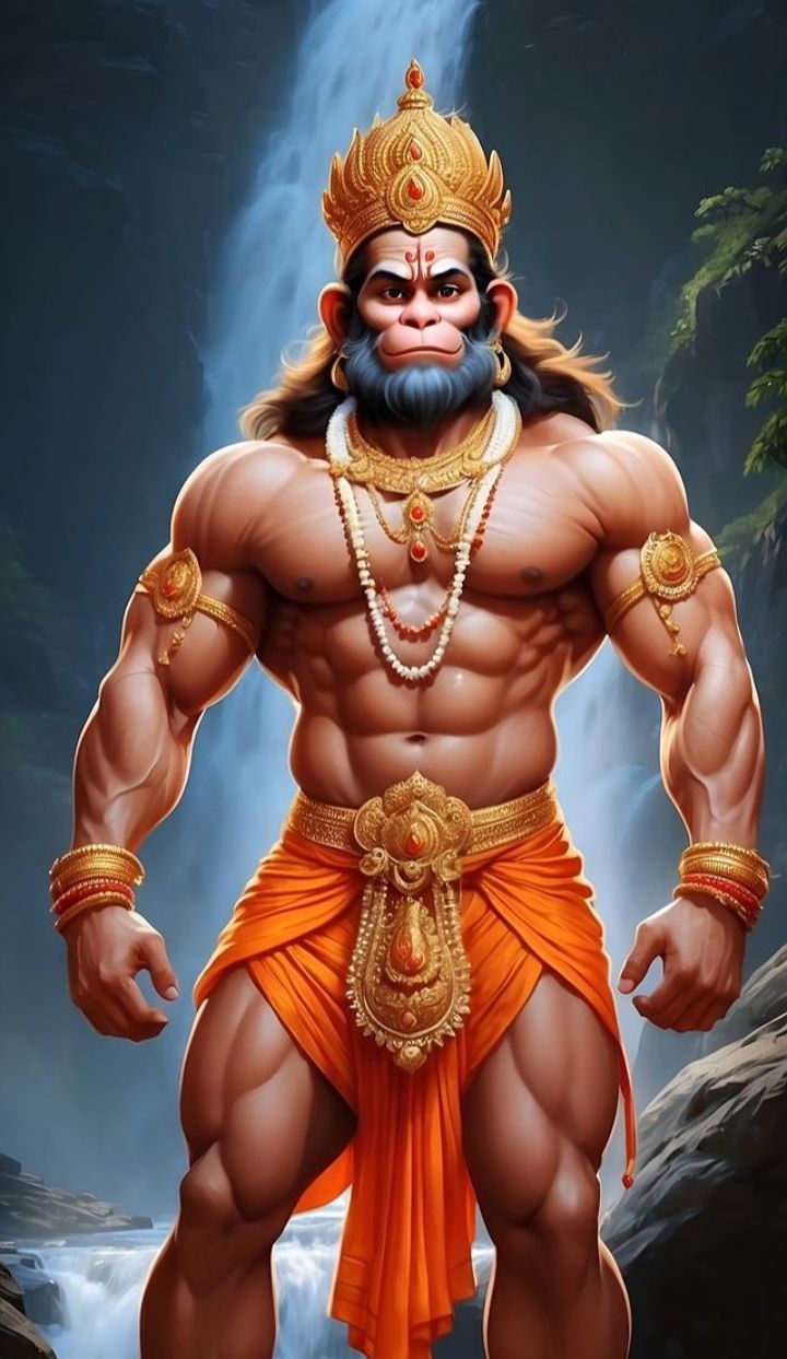 Powerful Hanuman with Mace and Waterfall