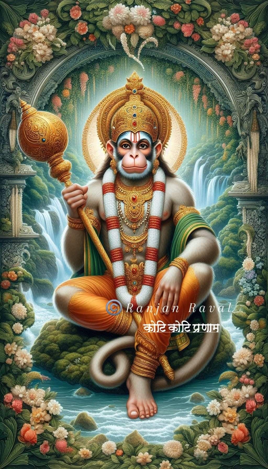 Hanuman with mace in floral setting