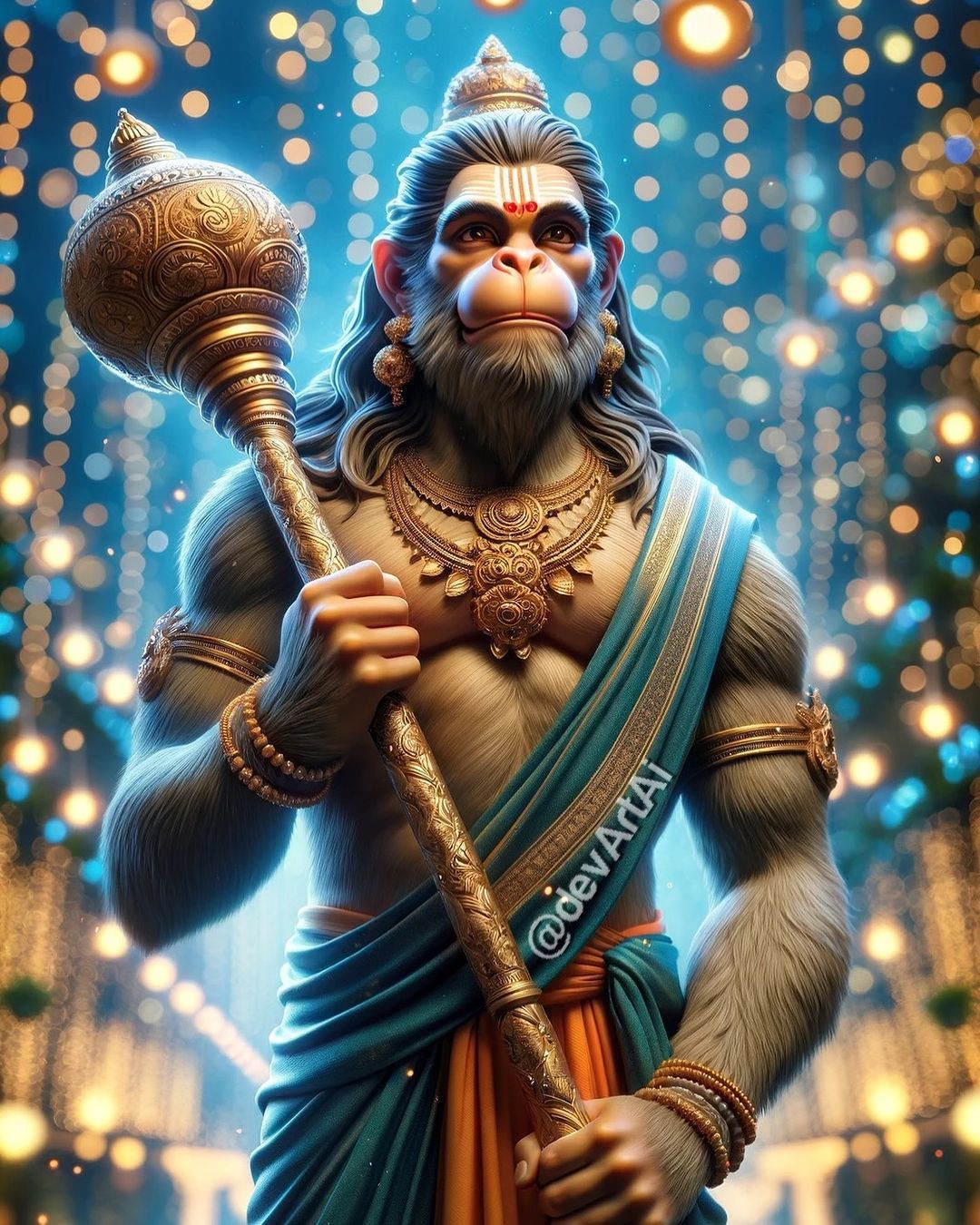 Hanuman holding a mace, divine artwork.