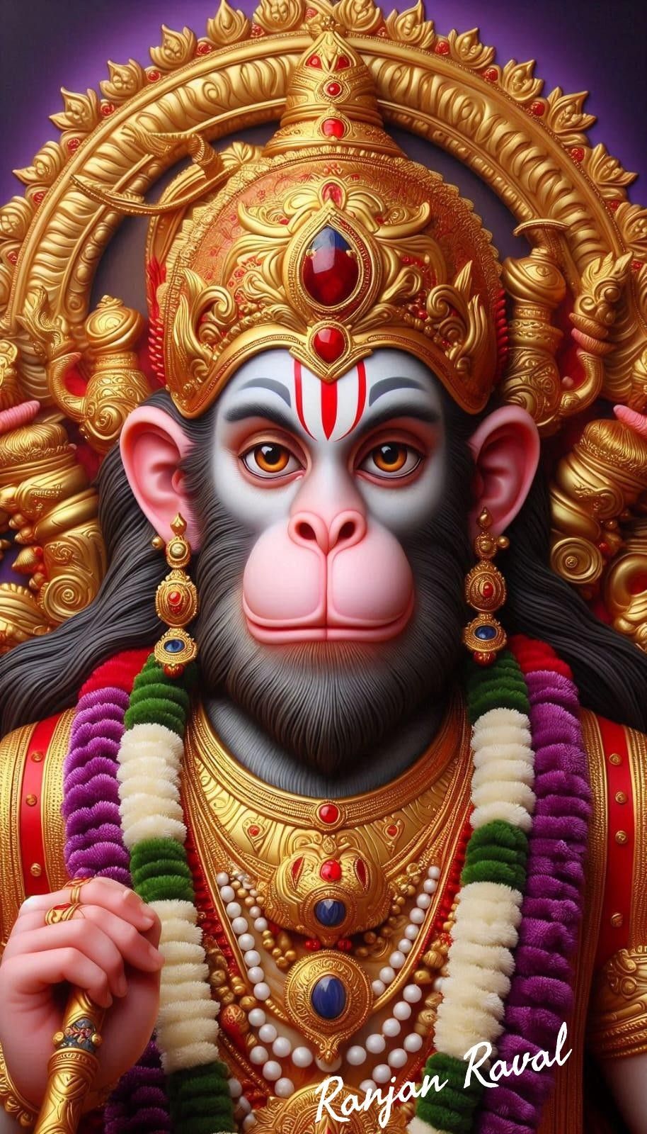 Close-up portrait of Hanuman with golden jewelry