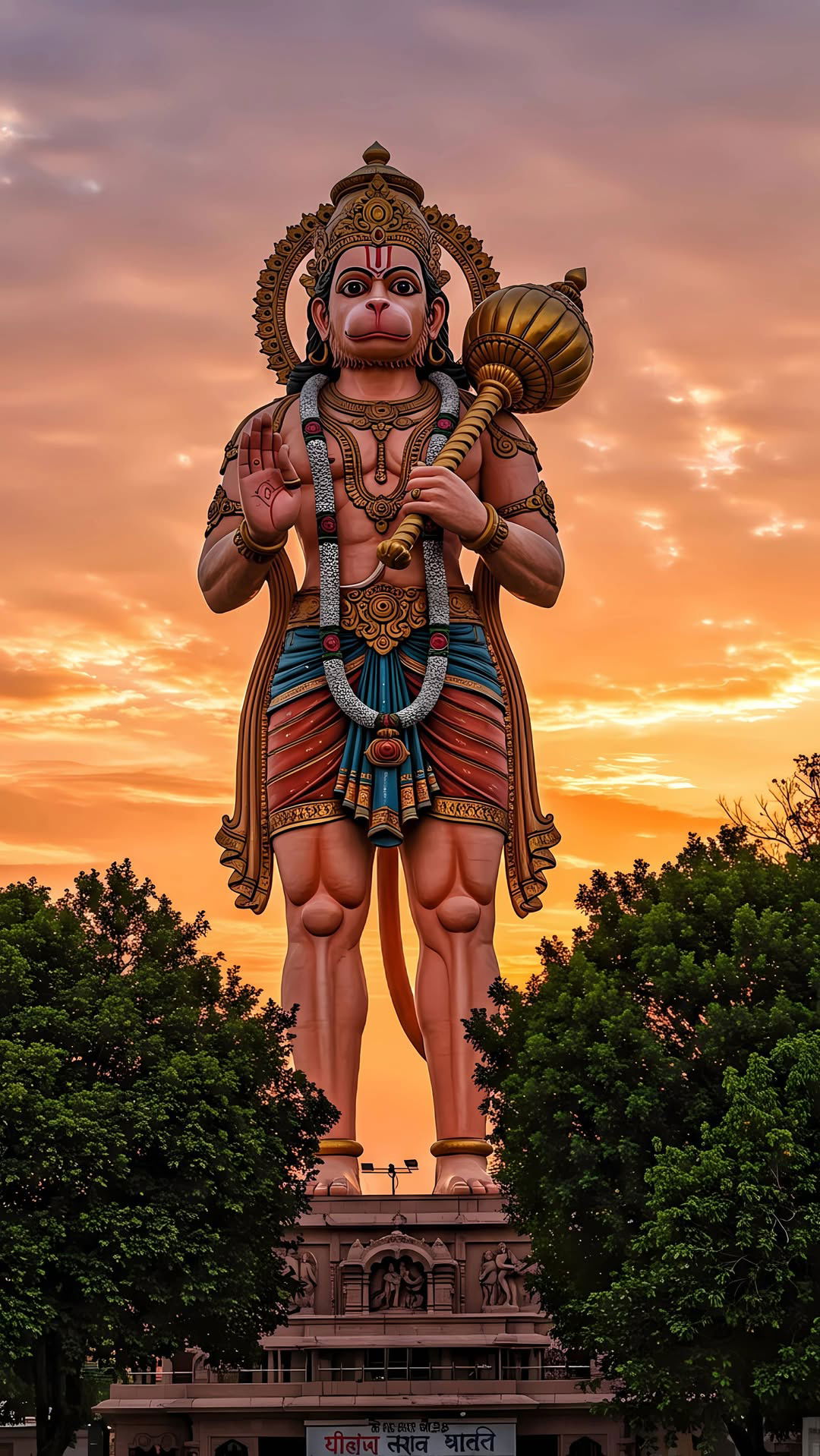 Hanuman standing with mace at sunset