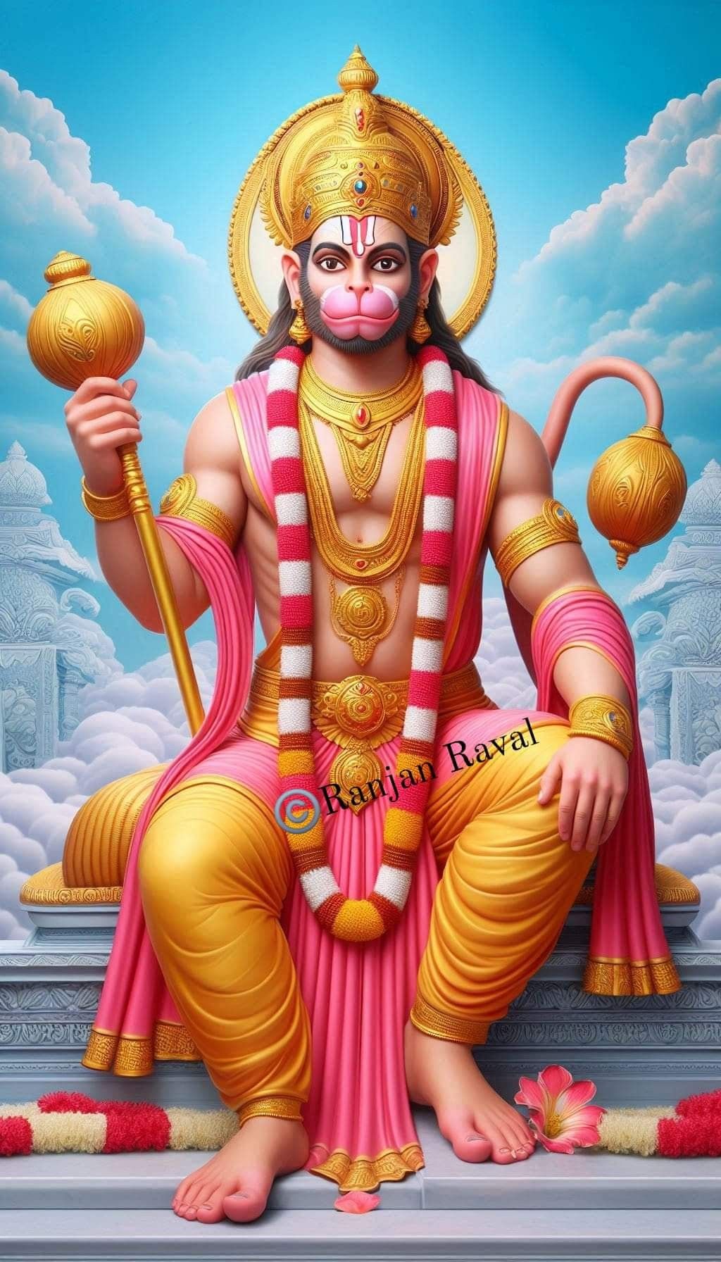 Powerful Hanuman with golden mace