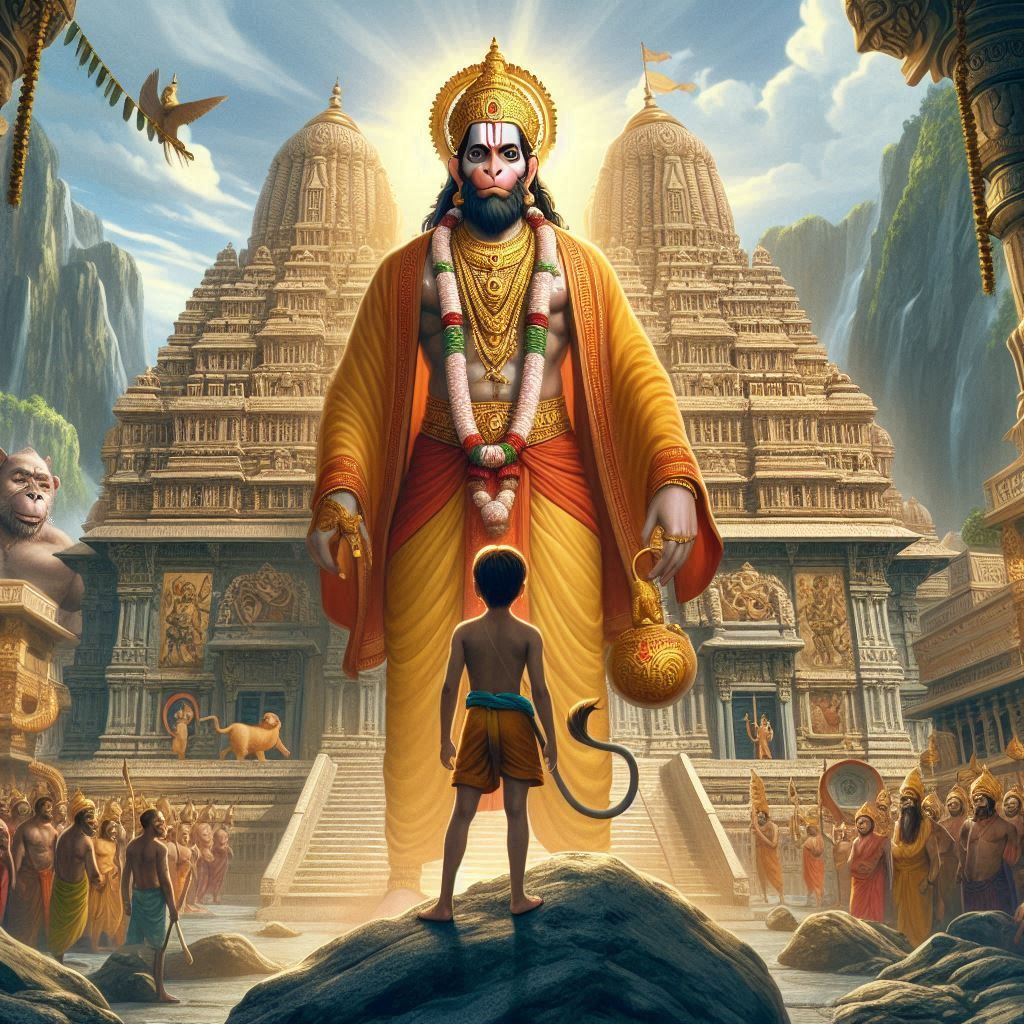 Hanuman stands before a grand temple