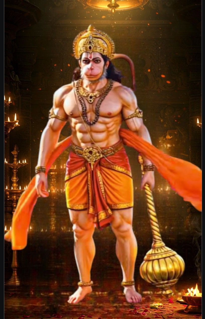 Powerful Hanuman with golden mace.