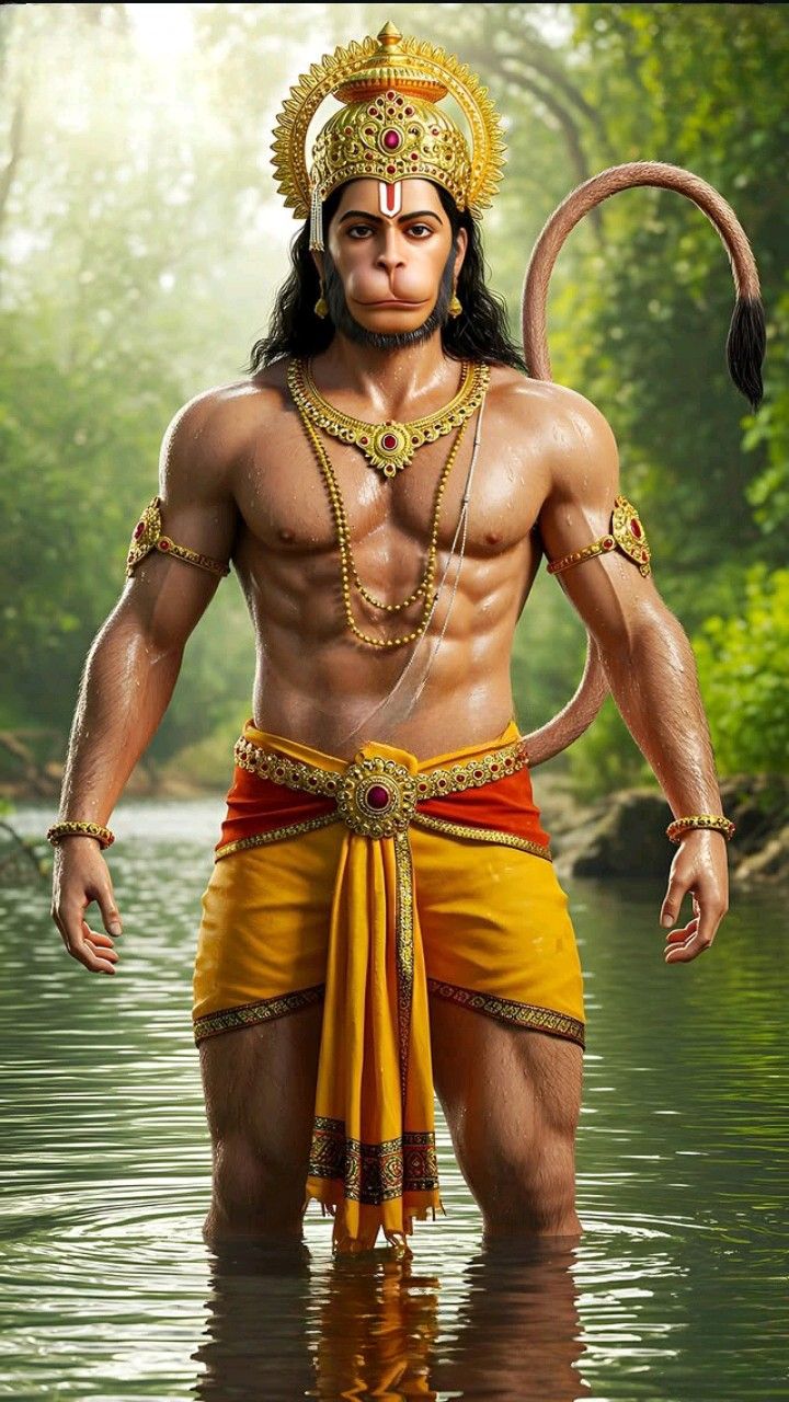 Powerful Hanuman standing in forest water