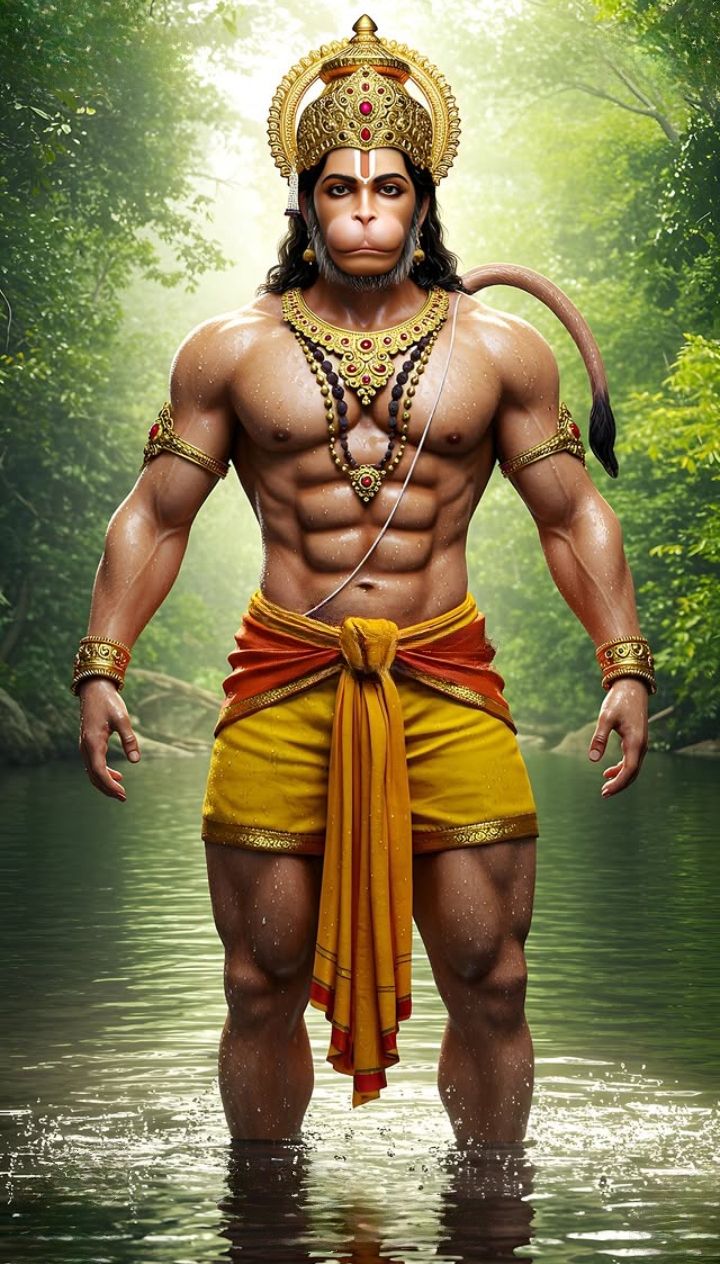 Powerful Hanuman standing in water