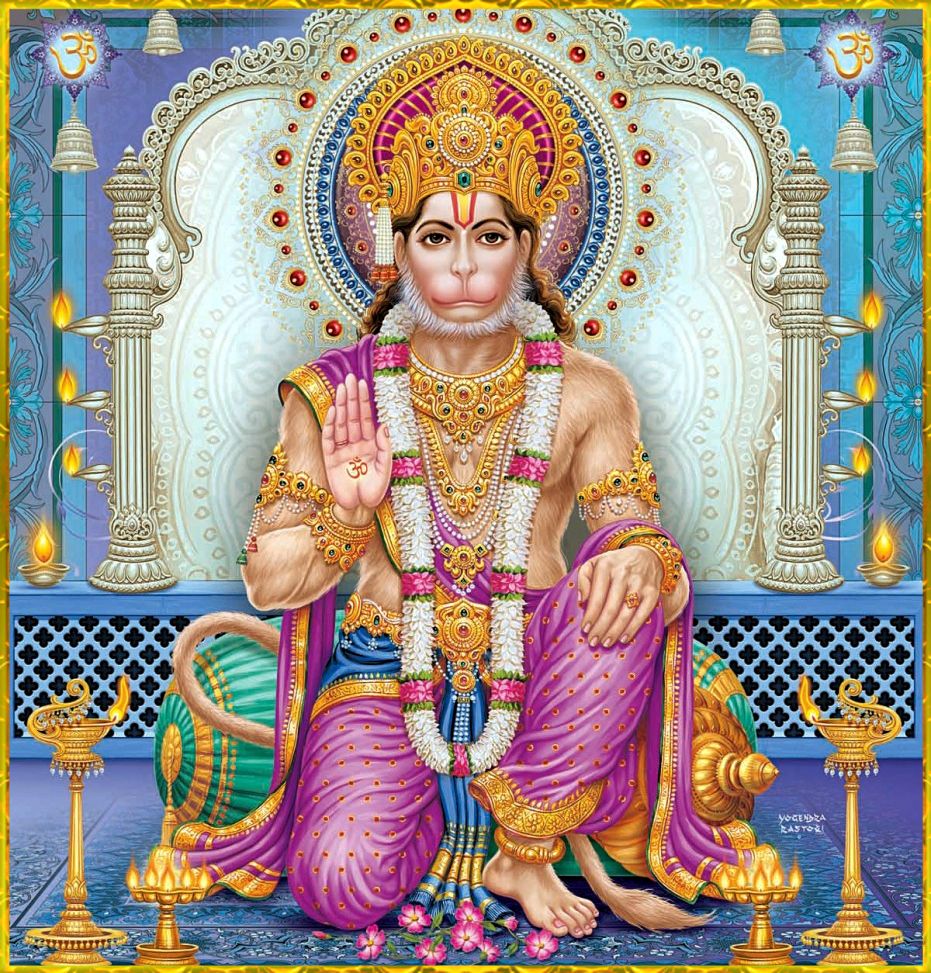 Hanuman seated on a jeweled throne.