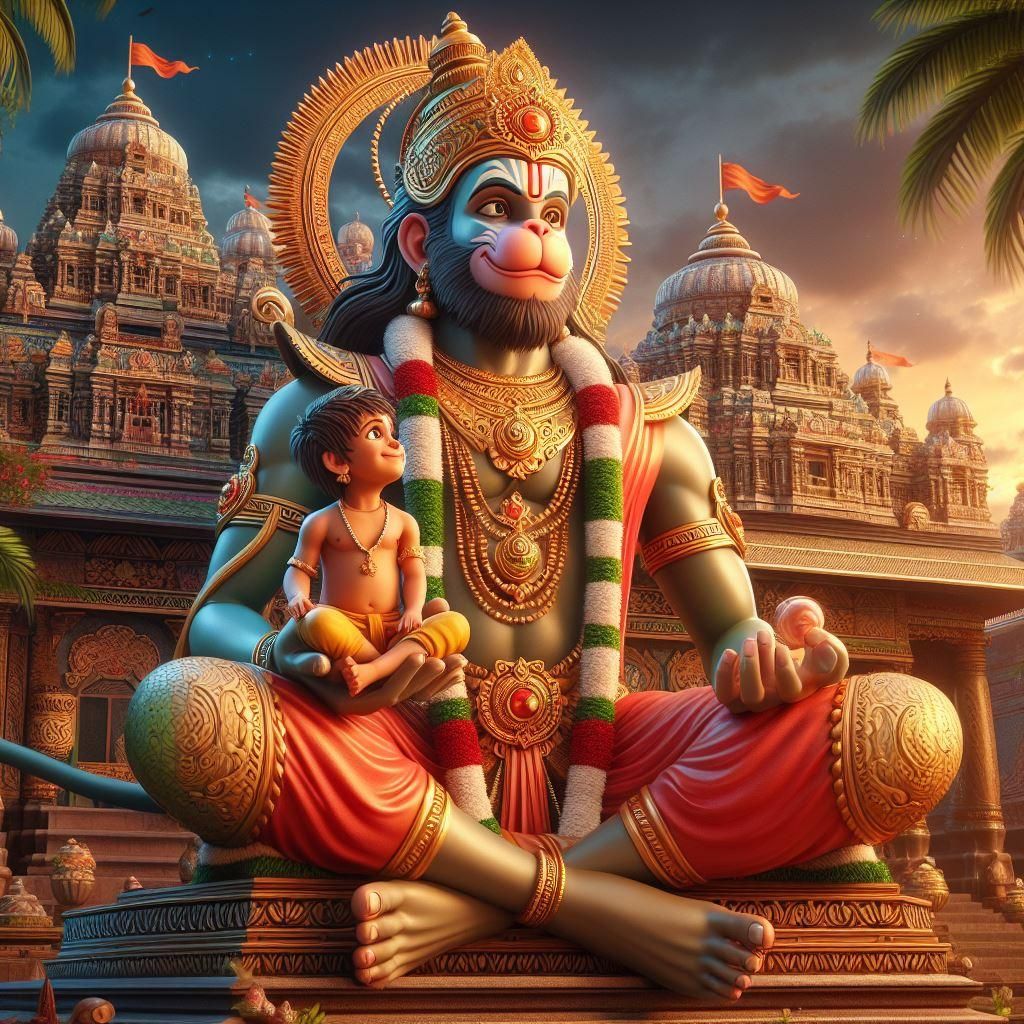 Hanuman with a child overlooking a temple.