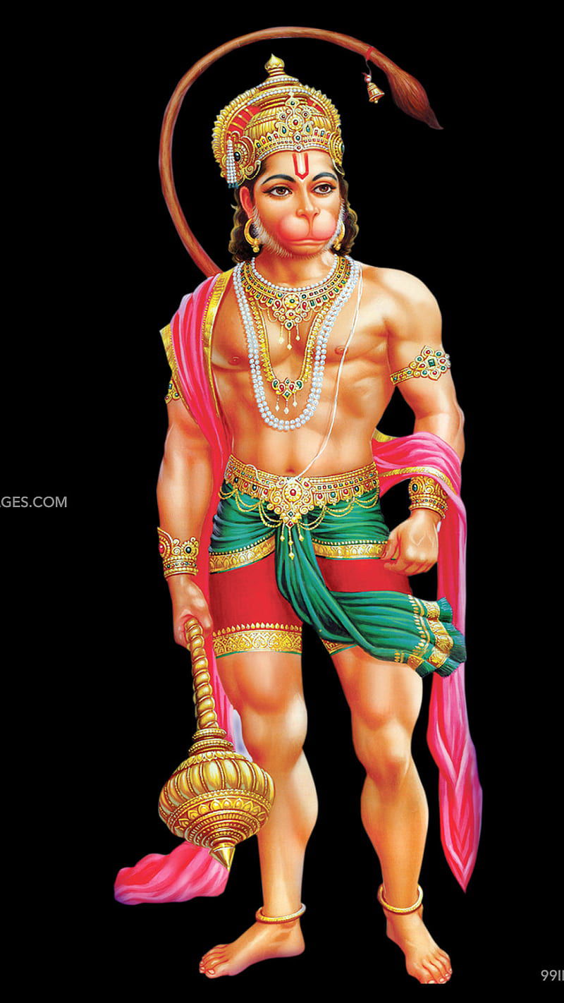 Powerful Hanuman holds a mace.