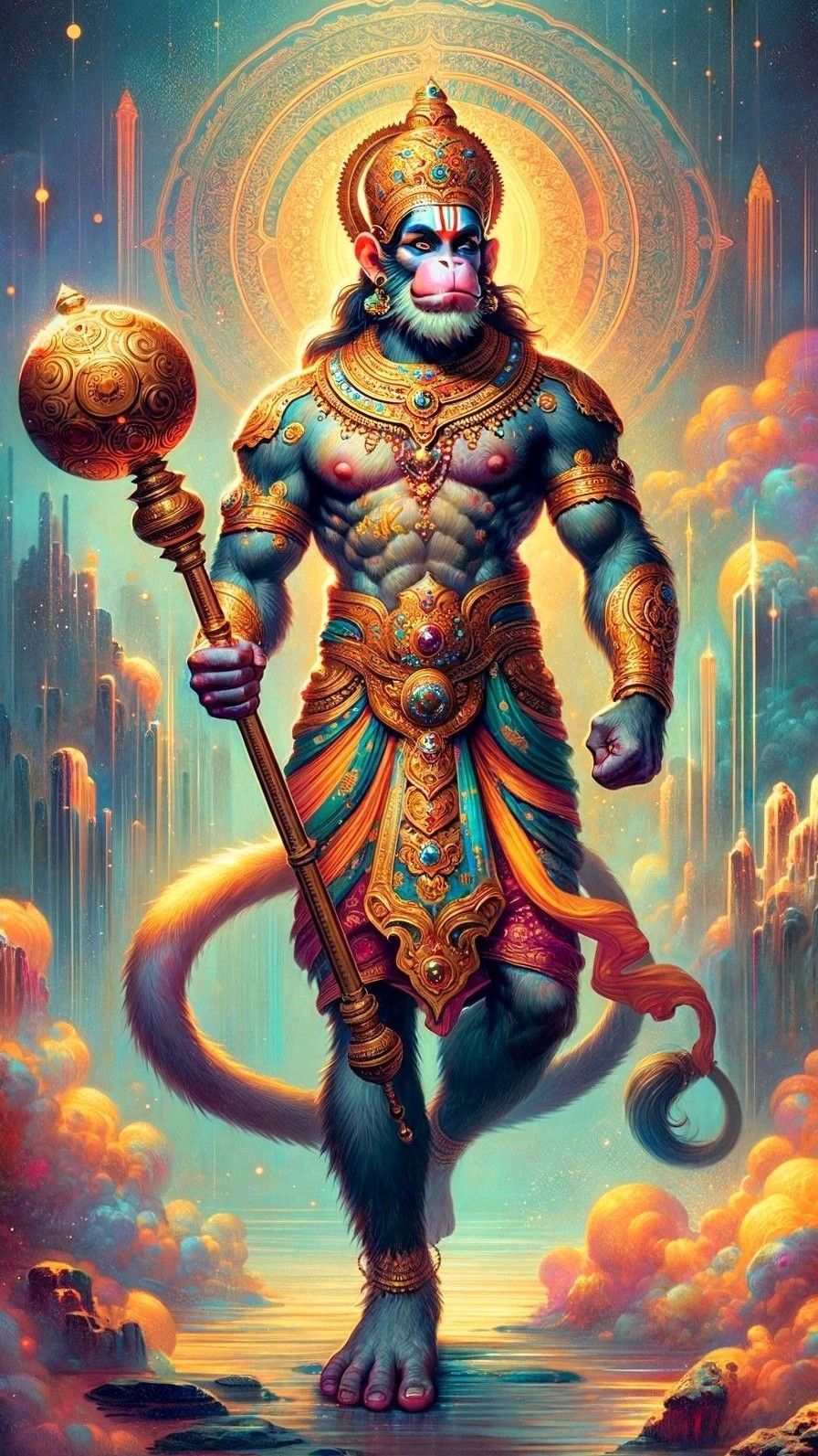Hanuman holding gada, divine posture