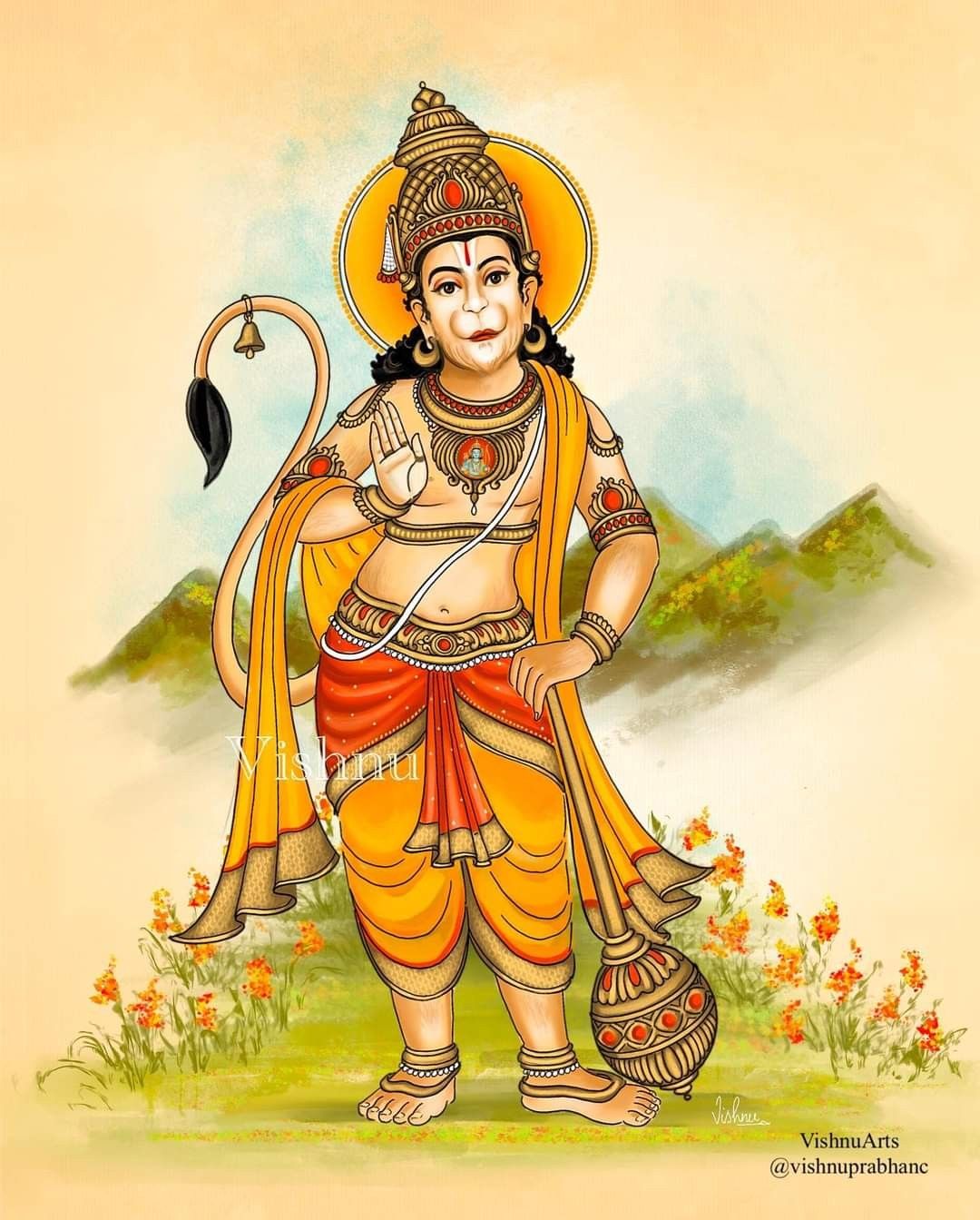 Hanuman holding mace, strong and devoted.
