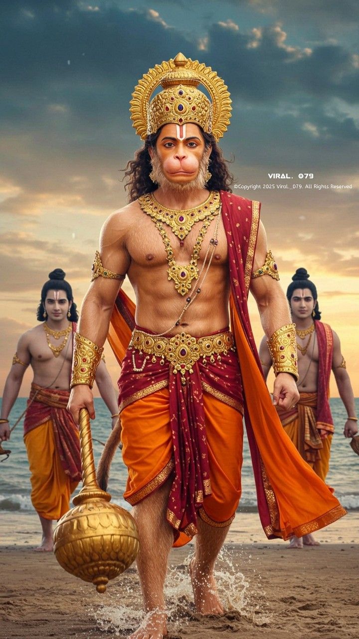 Hanuman walking on the beach with gada
