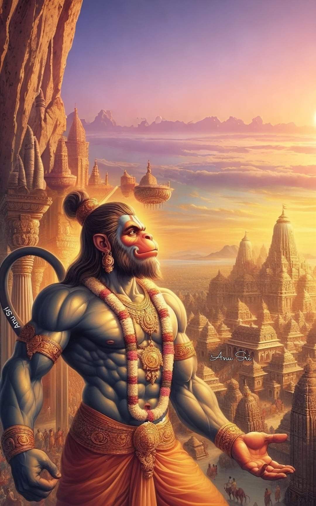 Hanuman overlooking a golden city.