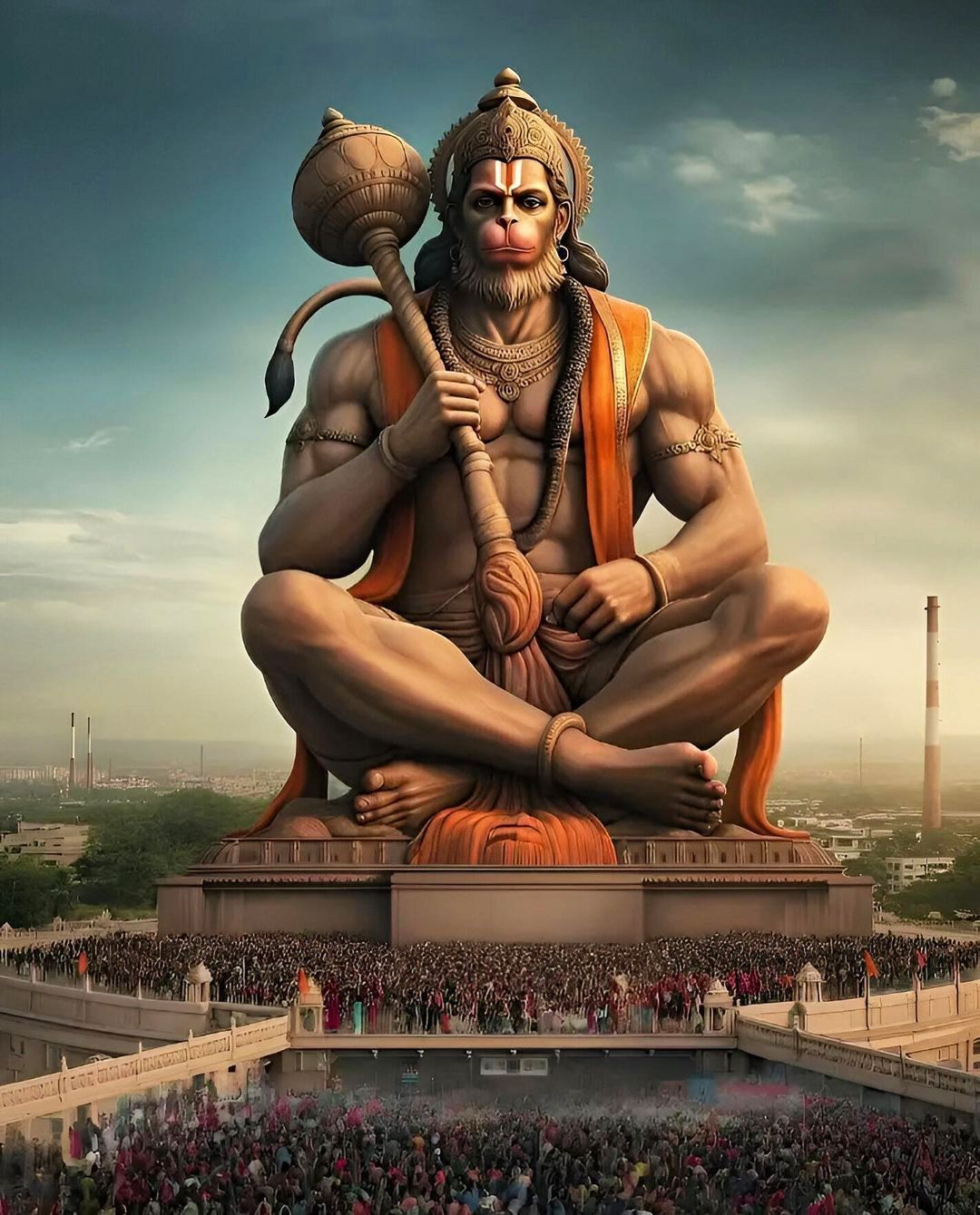 Hanuman seated with mace, city backdrop