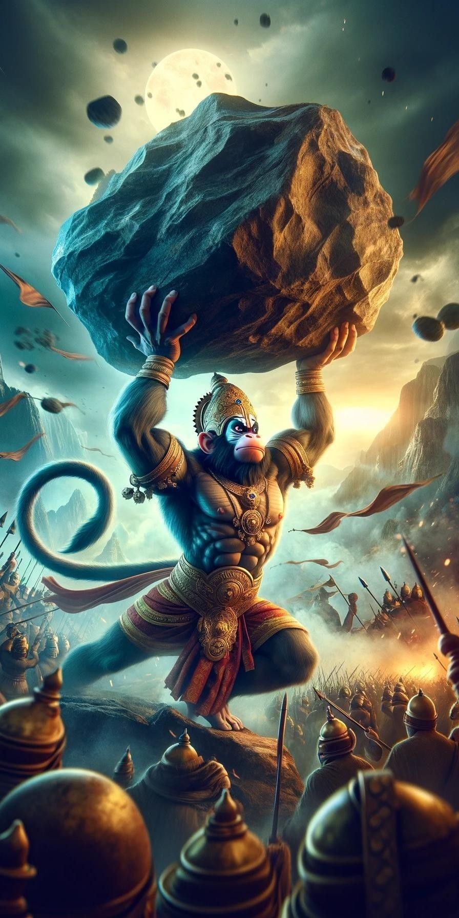Hanuman carrying mountain, displaying immense strength.
