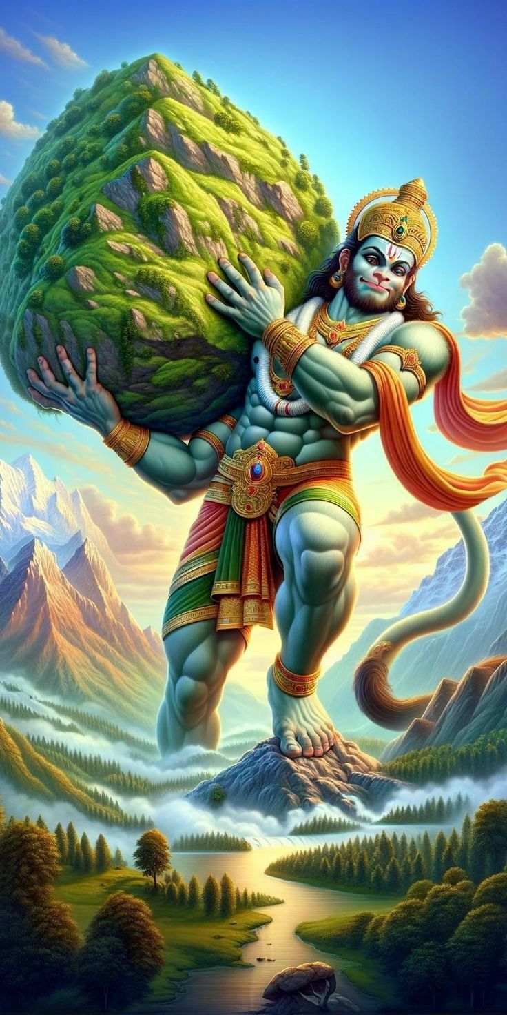 Hanuman lifting the mountain with ease