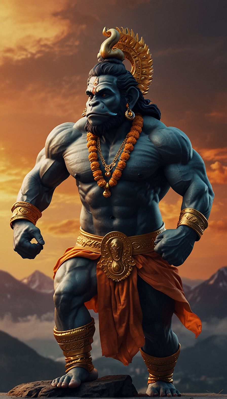 Strong Hanuman stands in devotional pose