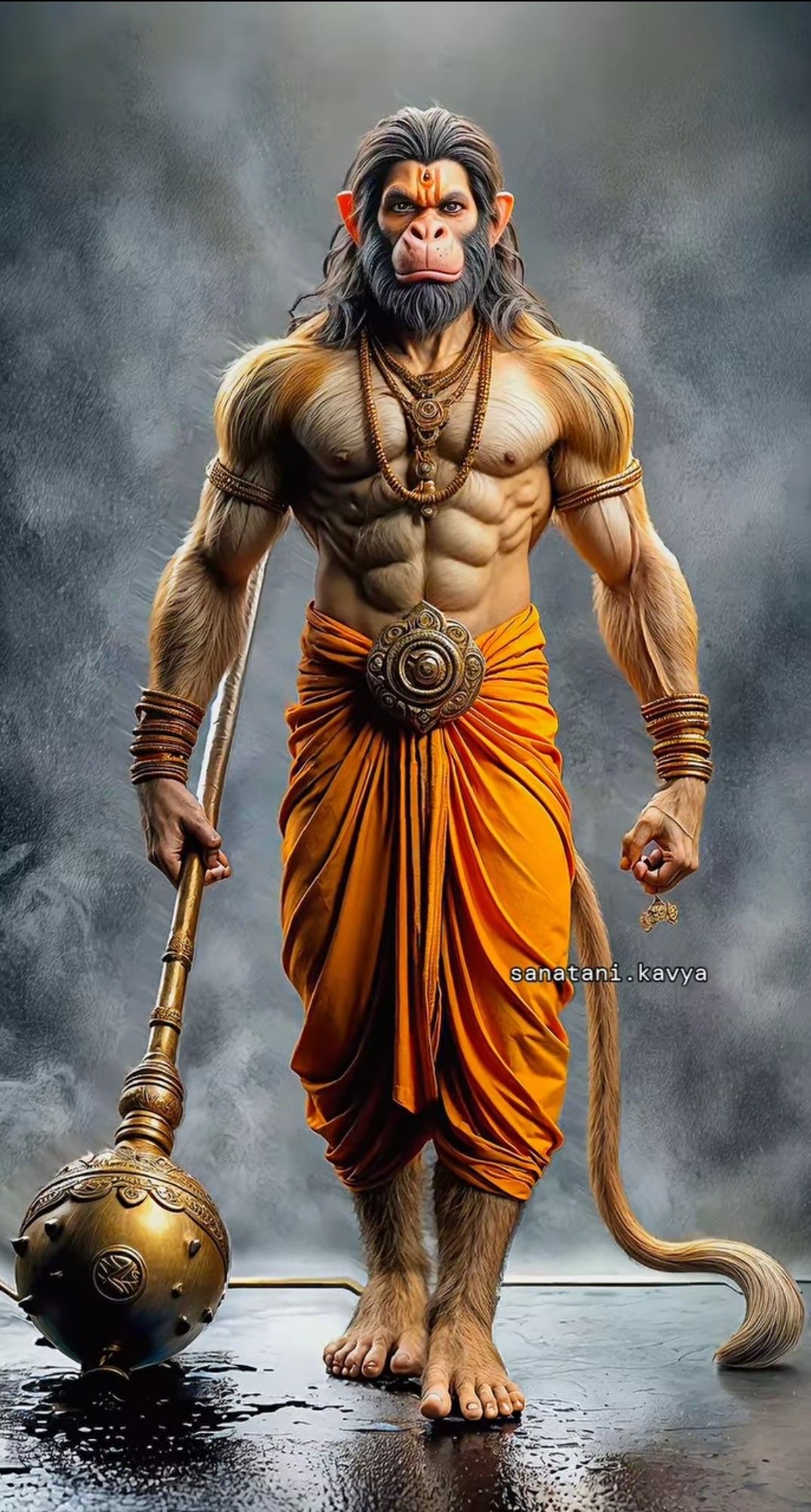 Powerful Hanuman with mace, divine warrior.