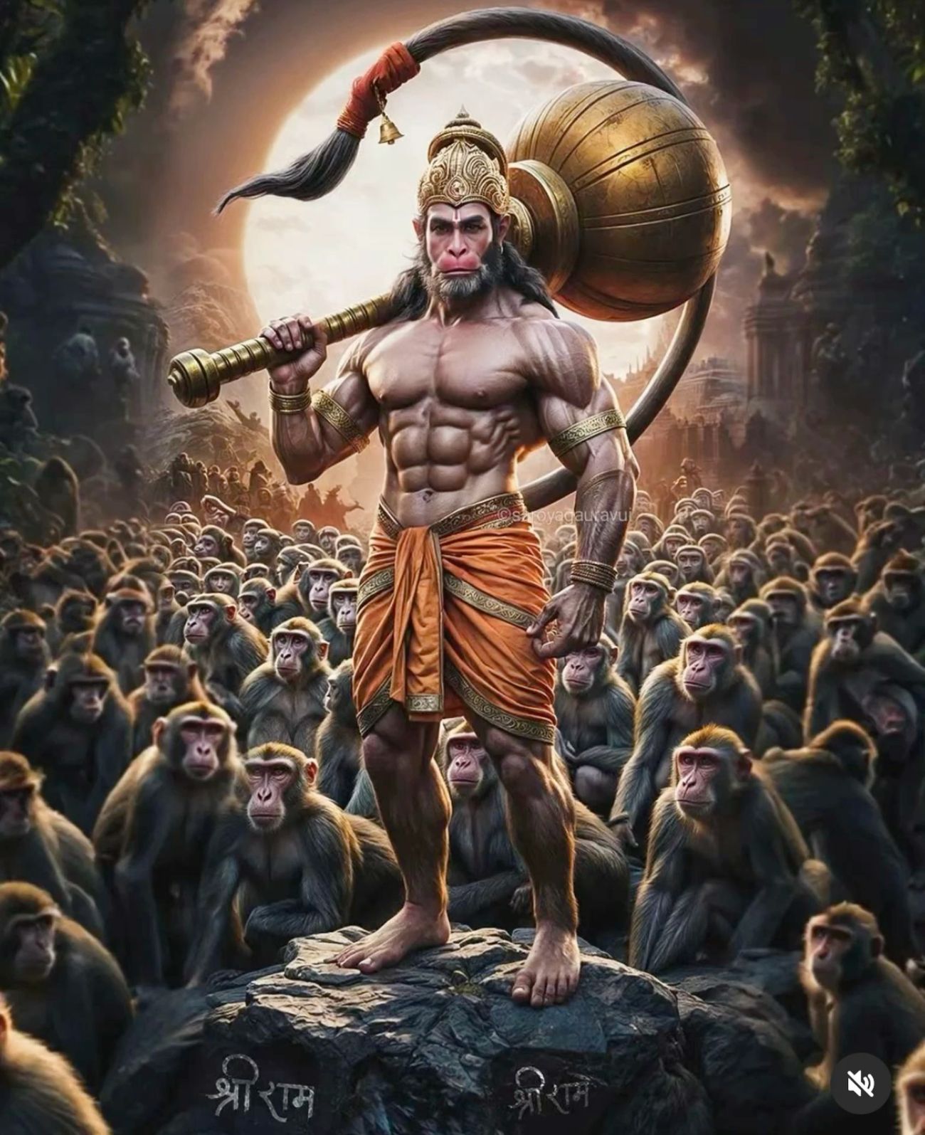 Hanuman carrying mountain with vanar sena