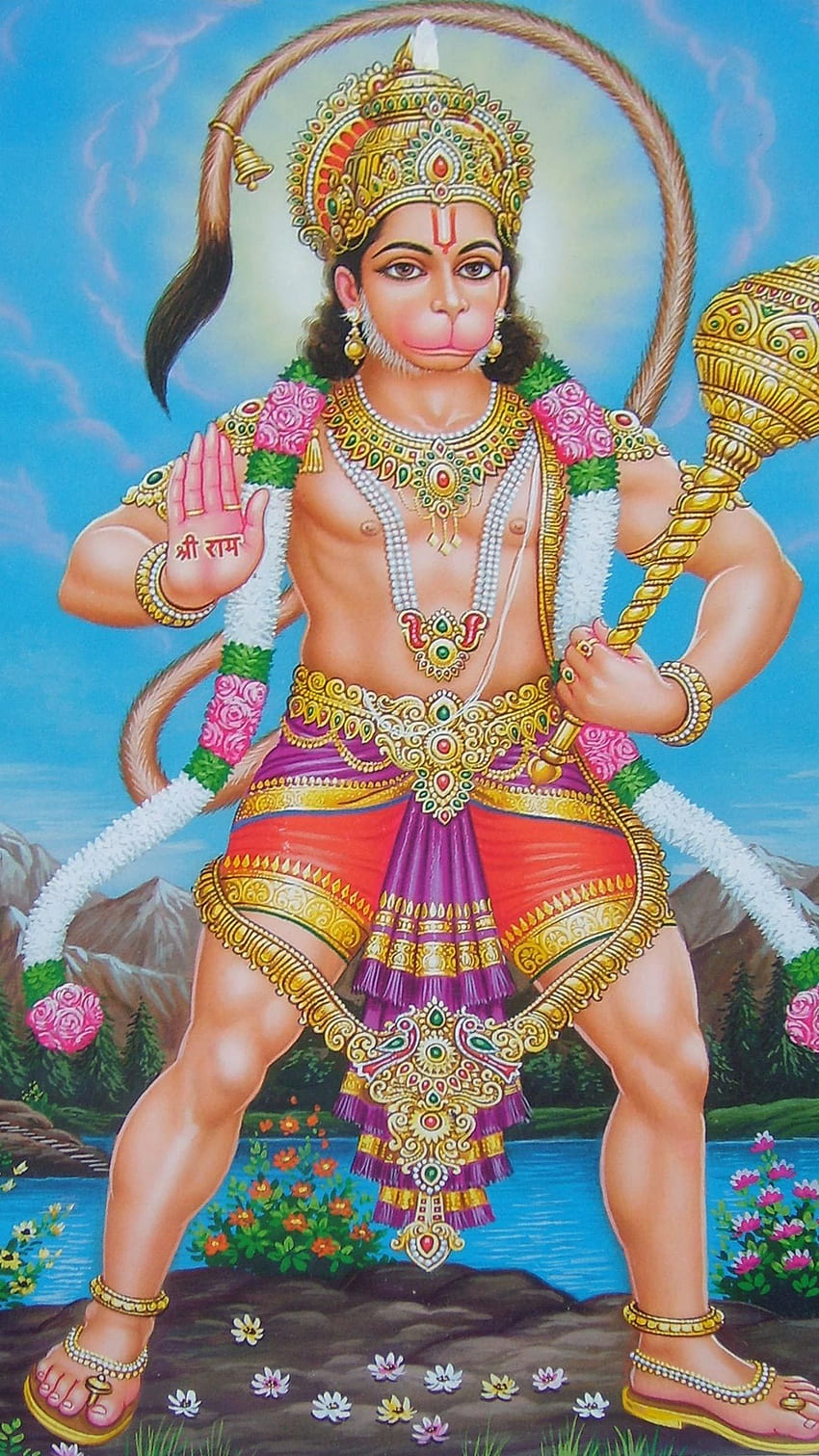 Powerful Hanuman holding his mace.