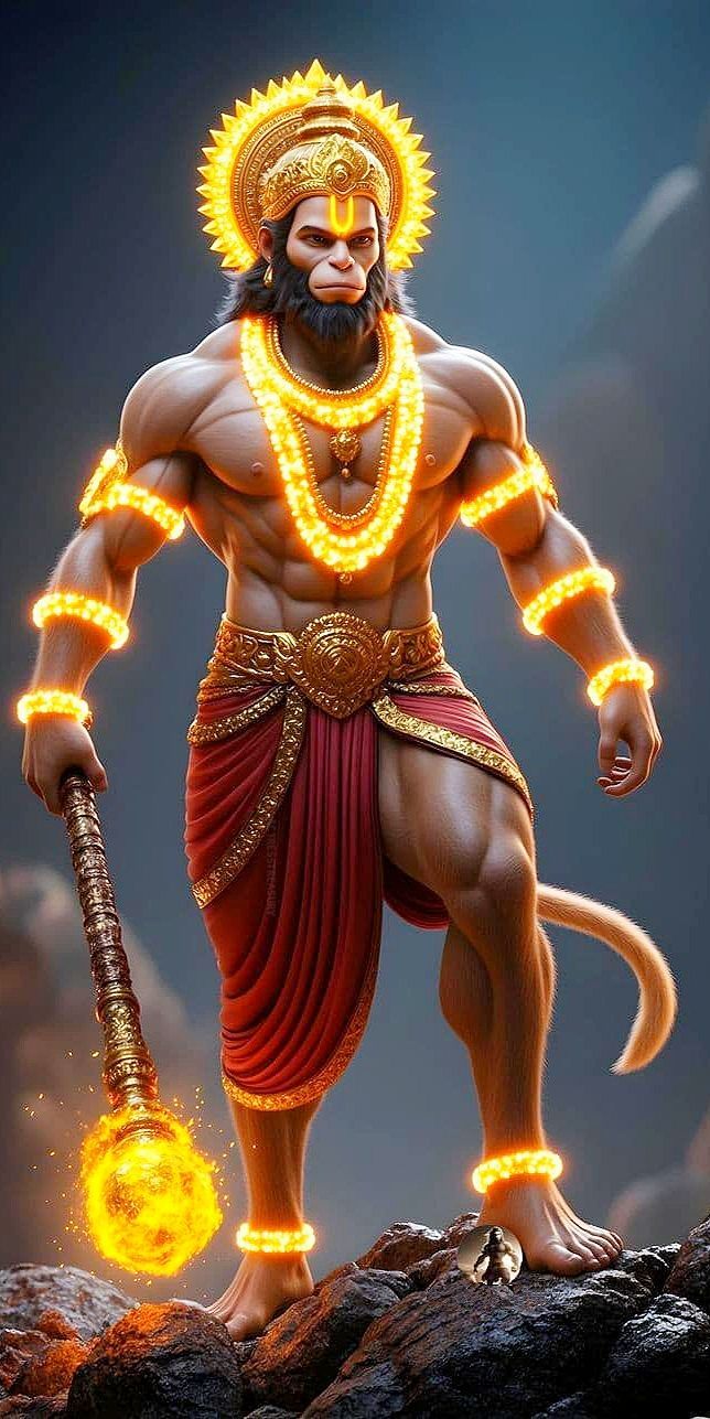 Powerful Hanuman stands with gada