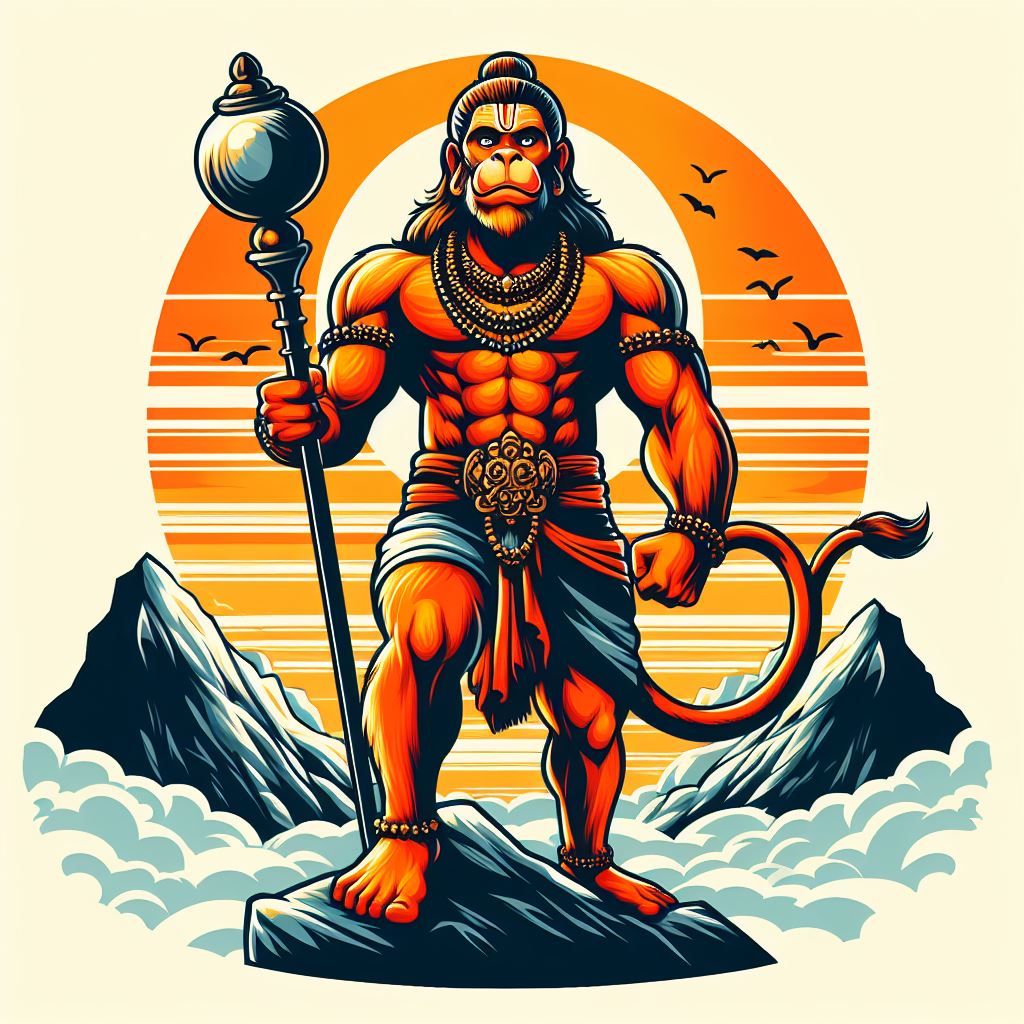 Hanuman with mace, mountain, and sun.