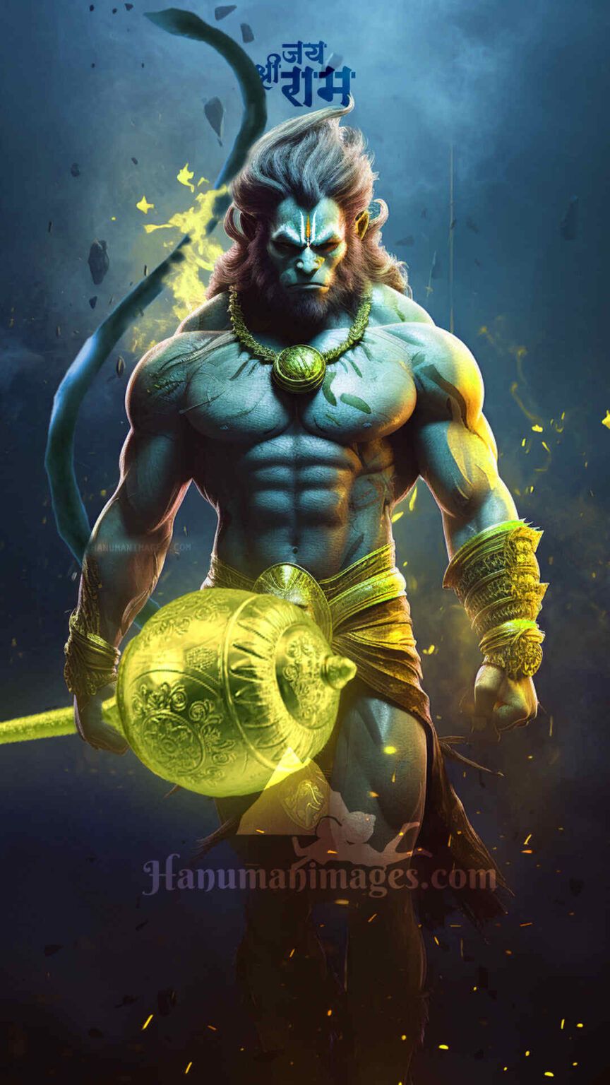 Hanuman stands with gada and shield.
