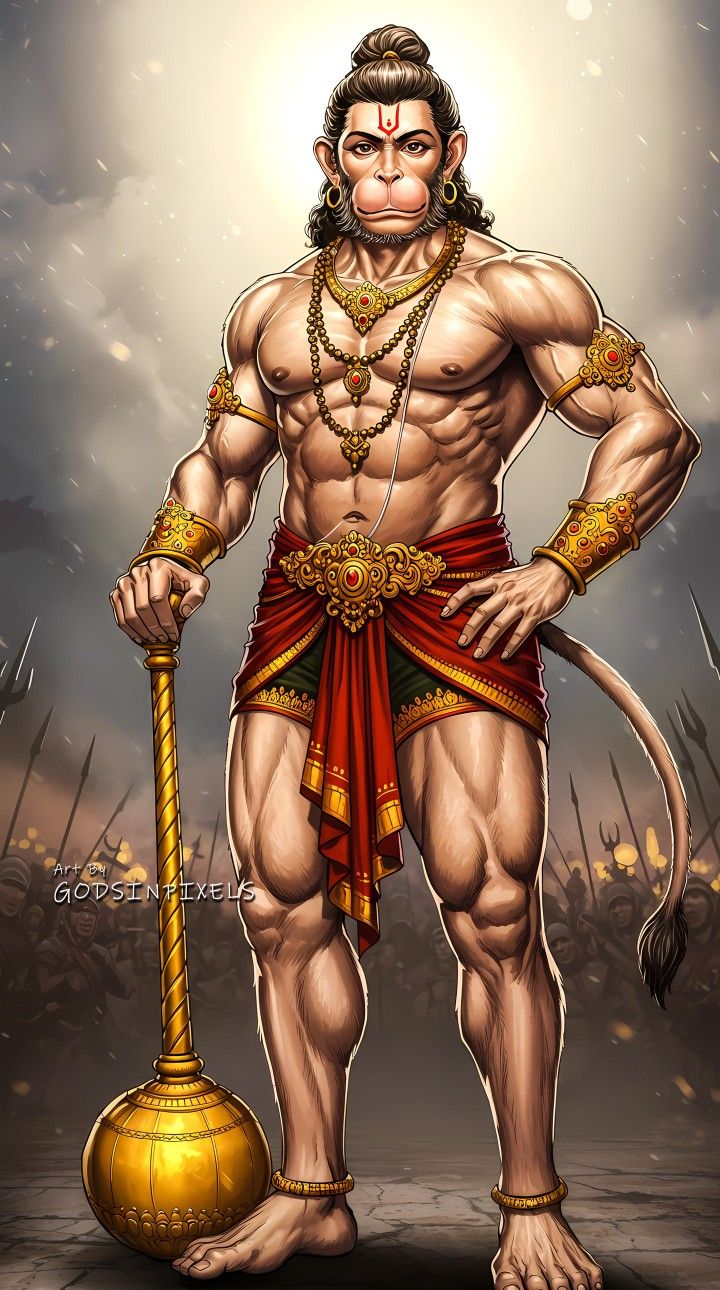Powerful Hanuman holding his golden mace
