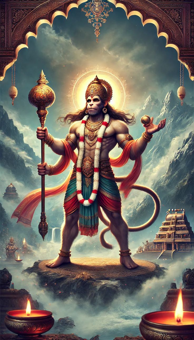 Hanuman standing with mace and mountain