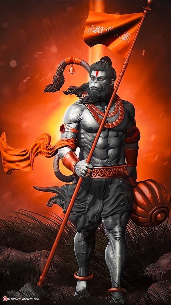 Hanuman standing with mace and flag.