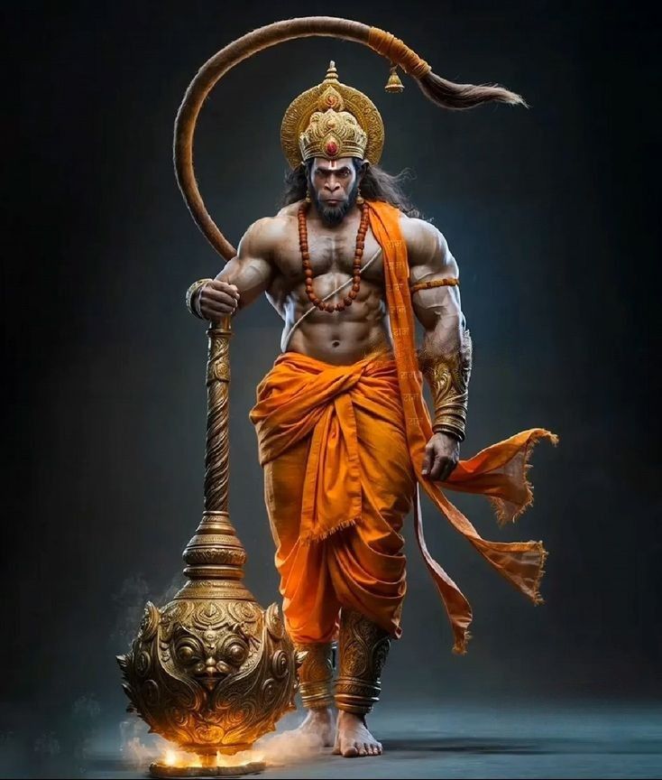 Hanuman with mace, strength and devotion.