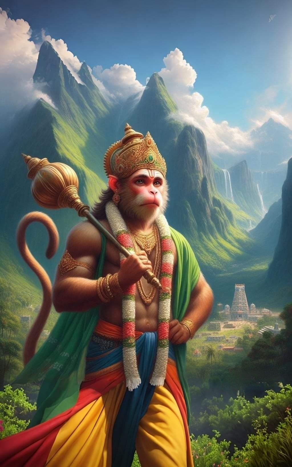 Hanuman carrying a mountain with determination.