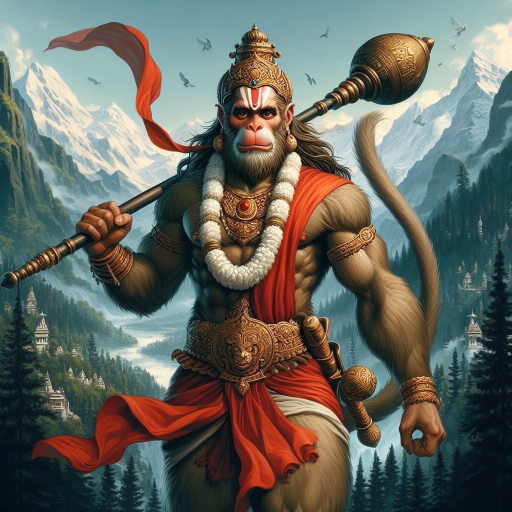 Hanuman carrying a mountain, divine protector