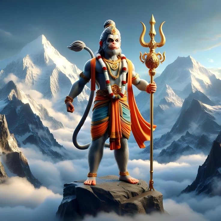 Hanuman standing on mountain with mace