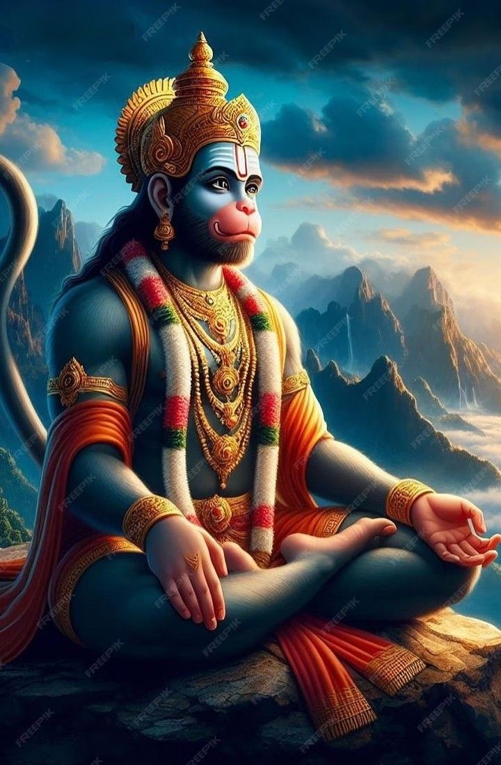 Hanuman seated amidst mountain scenery