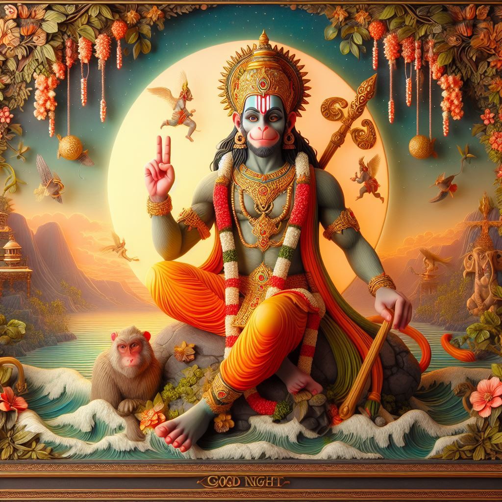 Hanuman seated on a mountain by ocean