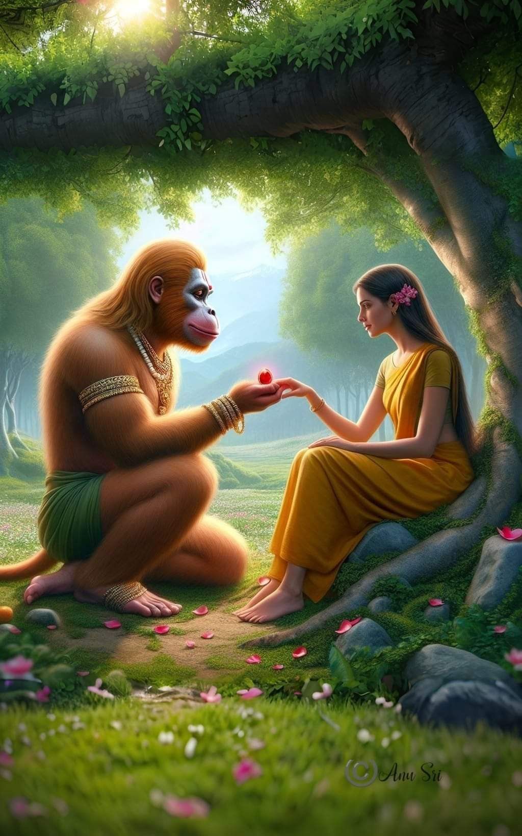 Hanuman offering fruit to Sita Devi