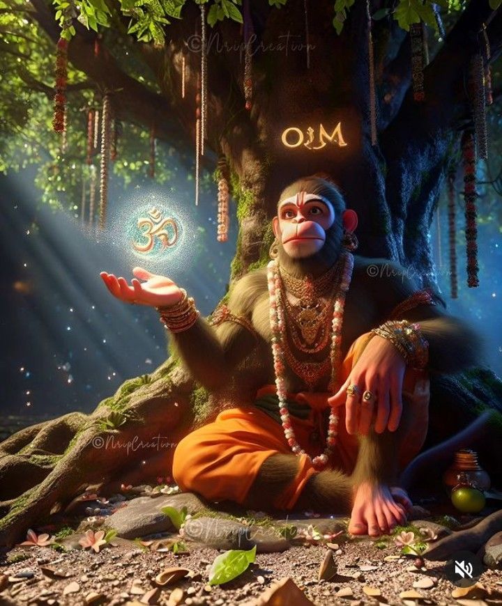 Hanuman holding sacred Om symbol.