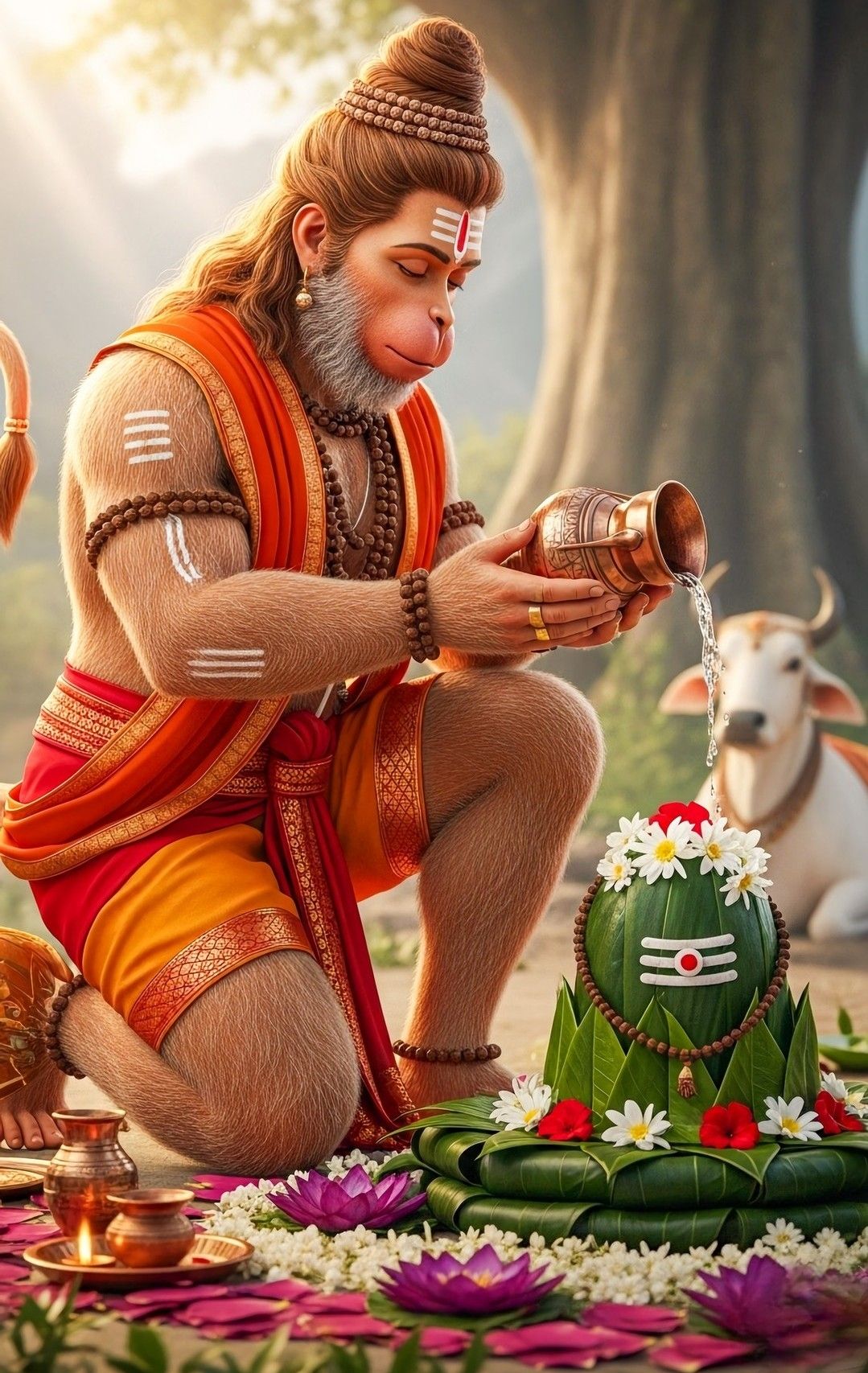 Hanuman performing puja to Shiva Lingam