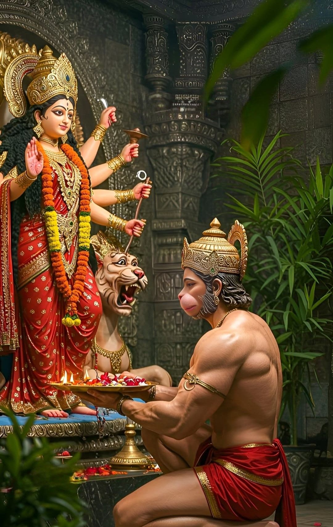 Hanuman offers prayers to Goddess Durga
