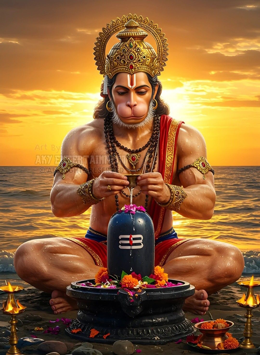 Hanuman offering prayers to Shiva Lingam
