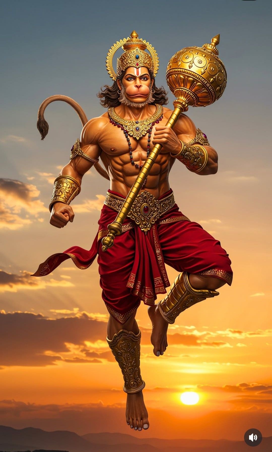 Hanuman leaping with Gada at sunset
