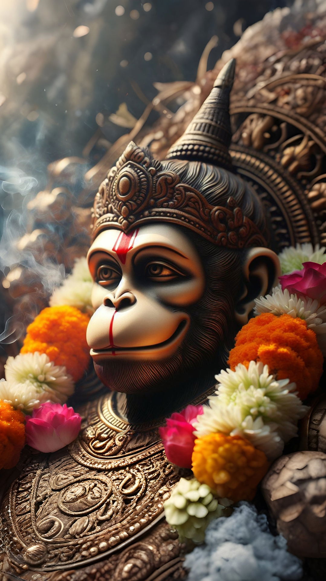 Close-up of Hanuman statue with flowers