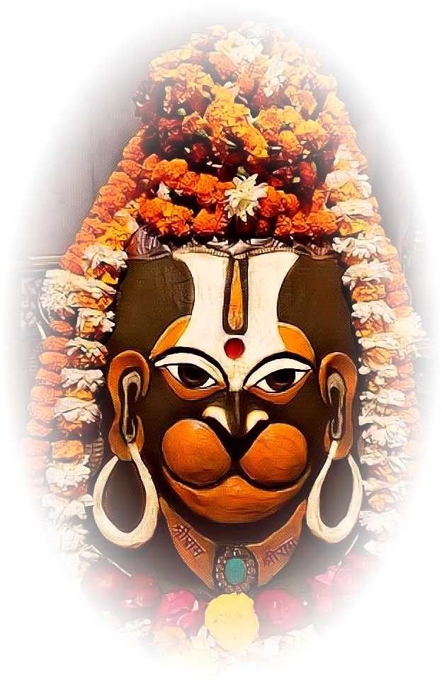 Hanuman adorned with orange floral garland